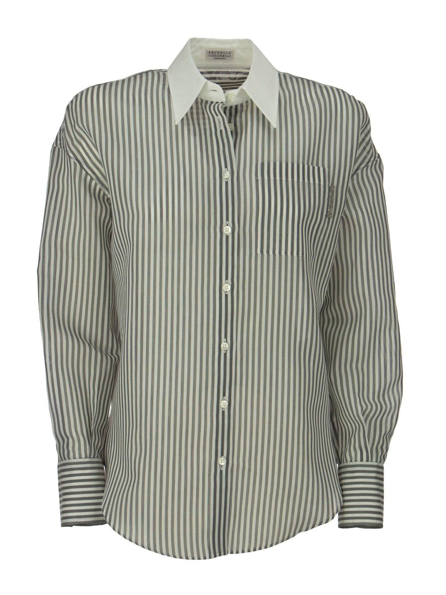 Cotton and Silk Striped Gauze Shirt with Poplin Collar and Shiny Tab ...